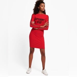 Lizzie SuperDry Body Con Dress with Typographic Print, Red, sz 4